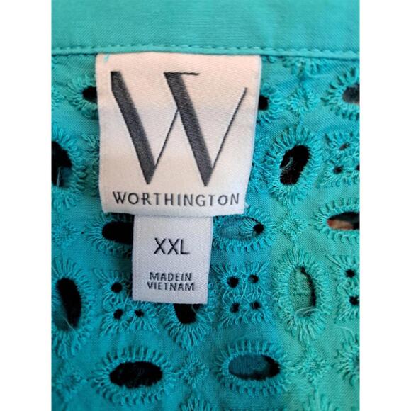 Worthington Collection Abstract Floral Lace Top Aqua Green Blouse - Picture 2 of 6